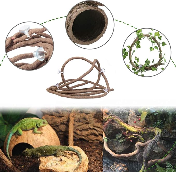PINVNBY Bearded Dragon Tank Accessories,Lizard Habitat Hammock Reptile Natural Coconut Shell Cave Jungle Climber Bendable Vines Leaves Decor for Gecko Chameleon Snakes Lizards(5 Pcs)
