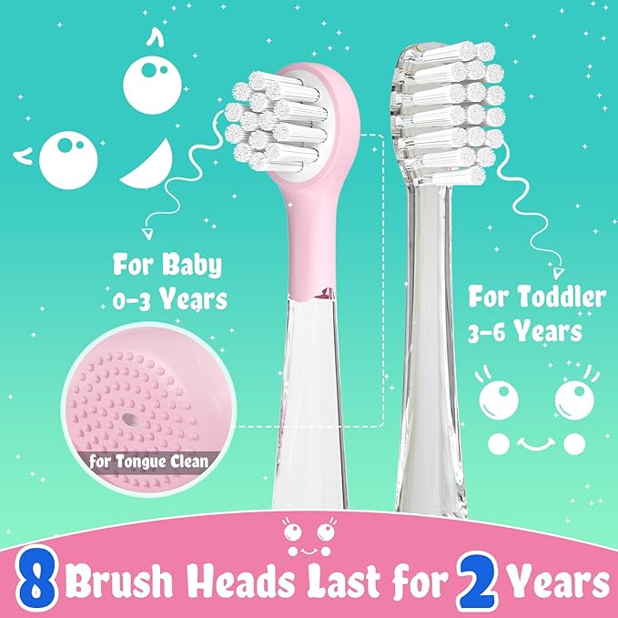 SEAGO Kids Electric Toothbrushes Rechargeable, Toddler Electric Toothbrush with Magnetic Charging, LED Observing Light, 8 Toothbrush Heads for Ages 2-4-6 Boys Girls (Pink)