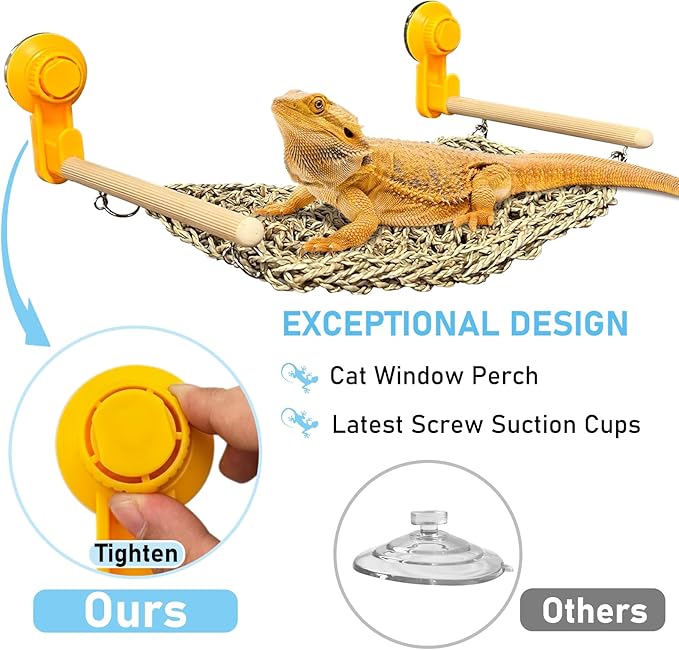 VCEPJH Bearded Dragon Hammock, Reptile Window Perch Natural Seagrass Gecko Climbing Tank Accessories Lizard Lounger Bed with Powerful Suction Cups Bearded Dragon Toys for Basking (11.81 * 7.08)
