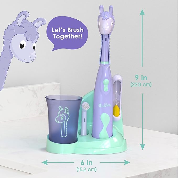 Brusheez Kids’ Electric Toothbrush Set - Safe & Effective for Ages 3+ - Parent Tested & Approved with Gentle Bristles, 2 Brush Heads, Rinse Cup, 2-Minute Timer, & Storage Base (Luna The Llama)