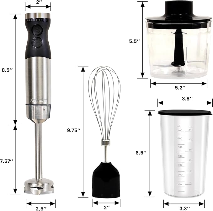 Kenmore Immersion Blender - Handheld Stick Mixer For Kitchen, Food Chopper, Whisk, Smoothie Milkshake Maker, Blend Baby Food, Protein Shake, Puree, Batidora De Inmersión Stainless Steel Blade, Black