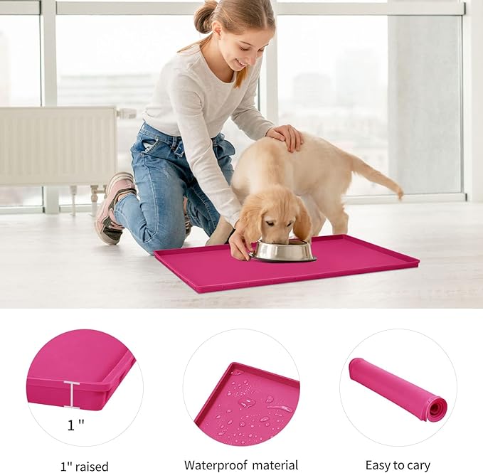 Dog Food Mat,Silicone Waterproof Food Tray,Non Slip Pet Bowl Mats Placemat,1" Raised Edge,Suitable for Most Small and Medium Sized Pets,32" x 24"