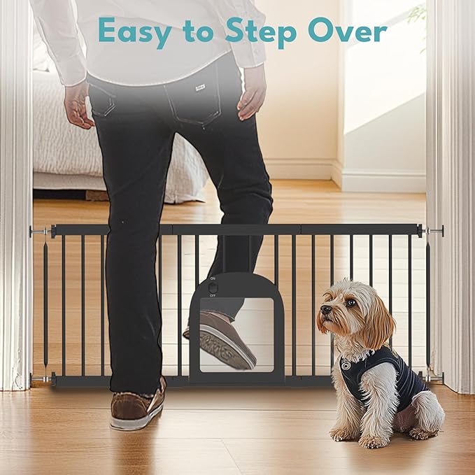 No Pawblems Dog Gate with Small Pet Door, 16"-42.7" Adjustable Metal Short Dog Gate to Step Over, 16.5" Tall, with 3 Extension Kits, Pressure Mounted, for Doorways & Stairs, Black