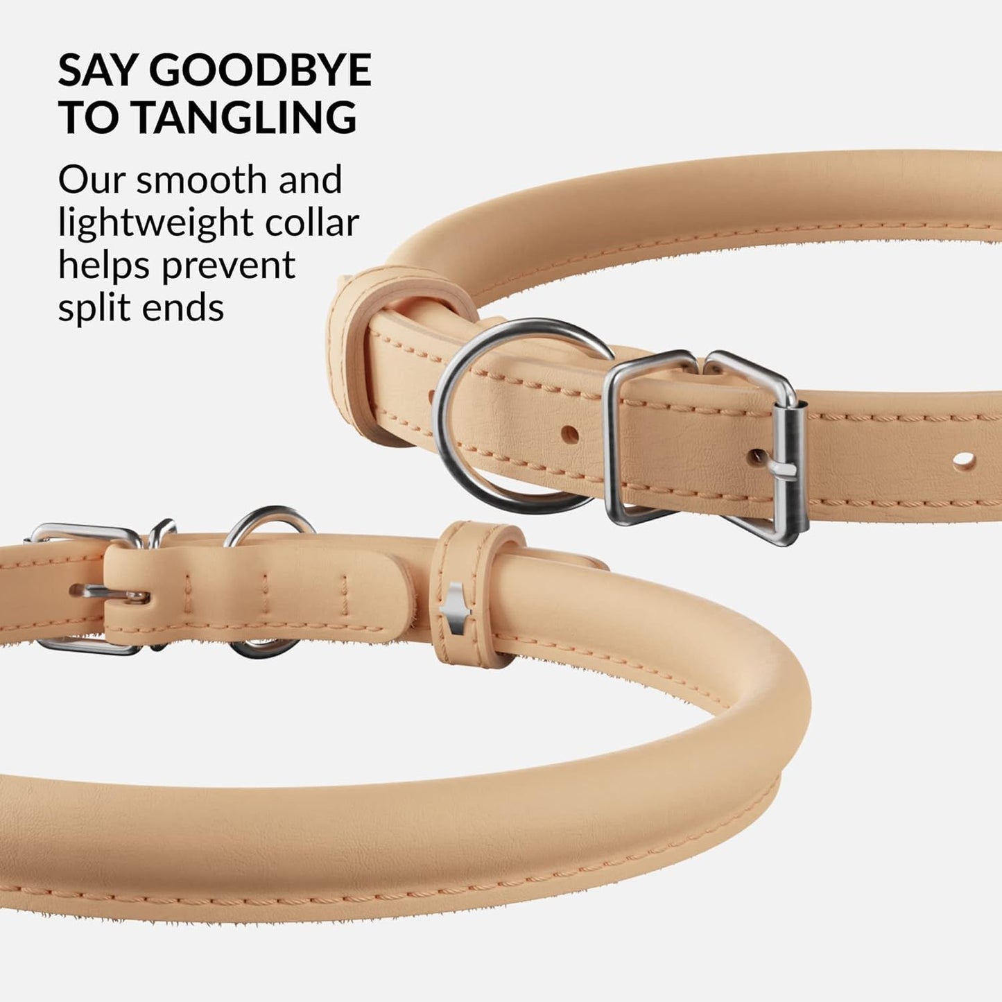 CollarDirect Rolled Leather Dog Collar, Soft Padded Round Puppy Collar, Handmade Genuine Leather Collar Dog Small Large Cat Collars 13 Colors (18-22 Inch, Beige Smooth)