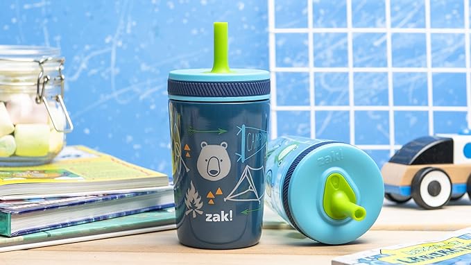 Zak Designs Campout and Camping Kelso Tumbler Set, Leak-Proof Screw-On Lid with Straw, Bundle for Kids Includes Plastic and Stainless Steel Cups with Bonus Sipper, 3pc Set, Non-BPA,15 fl oz