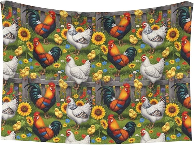 Reversible Pet Blanket for Easy Cleaning Maintenance, Chicken Rooster Garden Flowers Painting, Double Sided Plush Dot Design Means Double Use Between Washes for Convenience