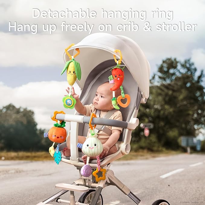 TUMAMA Hanging Baby Toys, 4 Pack Vegetable Crib Stroller Baby Gym Mobile Plush Toys, Early Baby Cognitive Sensory Hanging Rattle Toys with Teether. Suitable for Babies 0, 3, 6, 9, 12 Months
