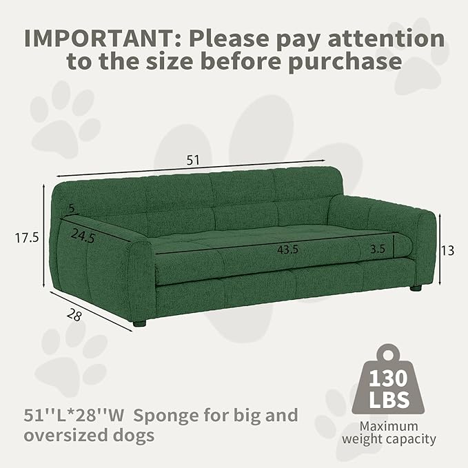 51" Soft and Comfortable Pet Bed for Large and Oversized Dogs, Durable Elevated Dog Sofa with Armrest and Backrest, Modern Linen Fabric Dog Couch, Olive Green