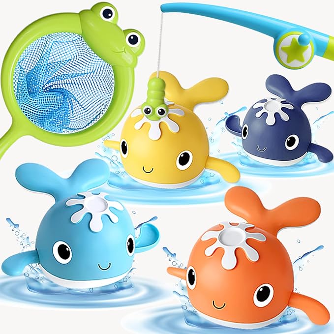 Magnet Fishing Game Bath Baby Toy for 1-3 4-8 Year Old Toddler Boys Girls,Gifts for Kid,Baby Bathtub Water Shower Pool Toys 18 Months+,4 Swimming Wind-up Whale&1 Fishing Pole&1 Net