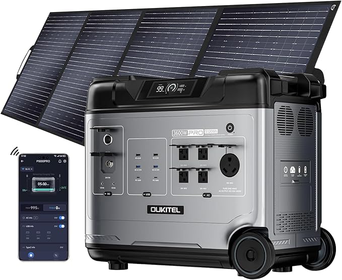 OUKITEL 5120Wh Large Capacity Solar Generator,Portable Power Station P5000 Pro With 400W Solar Panel, 5x3600W AC Output (5000W Surge),1000W MPPT Solar for Emergency, Home Backup, RV, Camping