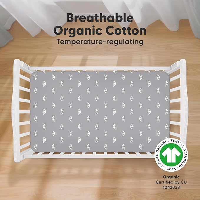 KeaBabies 2-Pack Organic Crib Sheets for Boys, Girls - 52x28 Fitted Crib Mattress Sheet Neutral, Breathable Jersey Cotton Cover for Baby Bed, Toddler Mattress, Soft & Cute Prints (Rainbow)