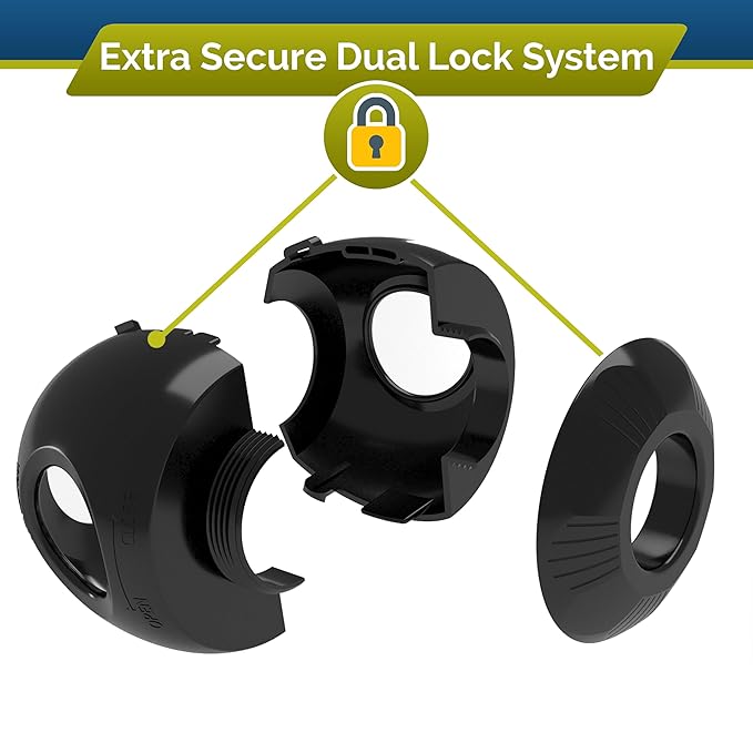 Child Safety Door Knob Cover (4 Pack) Hard-to-Remove Dual-Lock Door Handle Covers for Kids - Reusable Baby Proof Door Knob Locks - Installs Easily, No Tools Needed (Black)