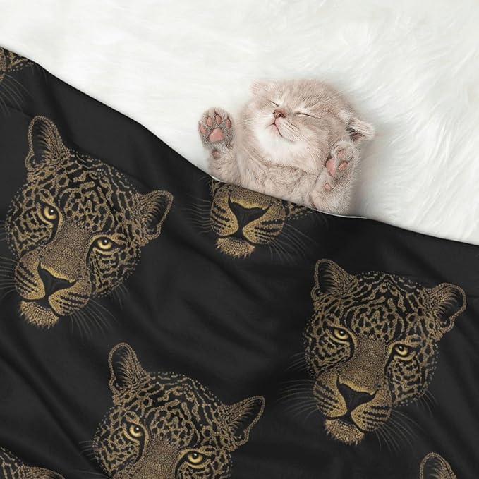 Double Sided Pet Mat for Dog Bed Topper Cat Blanket Furniture Protector, Black Gold Glitter Cheetah Leopard Print, Reversible Plush with Tactile Dot Pattern for Style Change