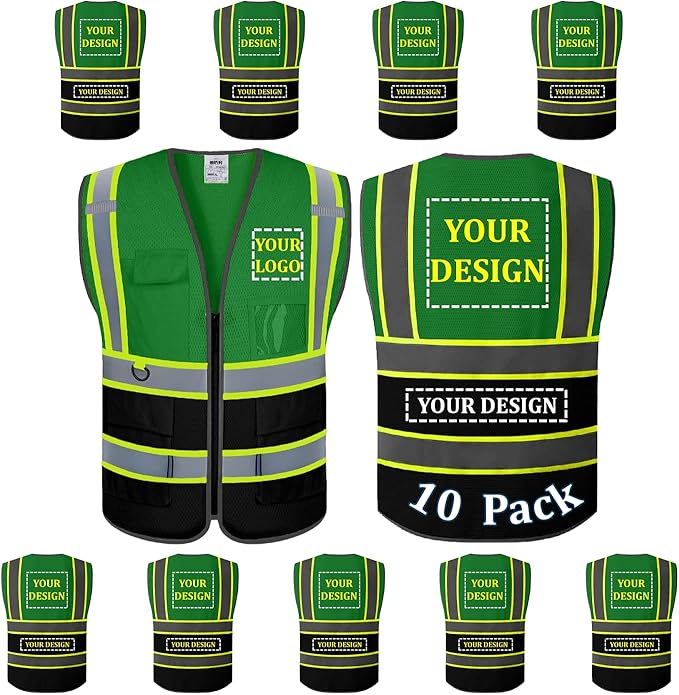 BeautyWill 10 Pack Custom Mesh Safety Vest Customized Logo Class2 High Visibility Reflective Vest with Pockets Construction workwear（Green Black，4XL ）