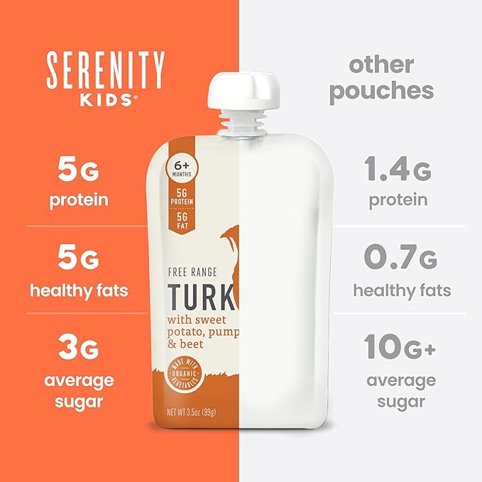 Serenity Kids 6+ Months Turkey Puree Baby Food Pouches - Ethically Sourced BPA-Free Pumpkin Puree & Organic Veggies - 3.5 Oz, 12 Pack