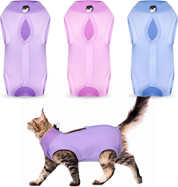Nuanchu 3 Pieces Cat Recovery Suit Kitten Recovery Suit E-Collar Alternative for Cats and Dogs Abdominal Skin Anti Licking Pajama Clothes Sets(Solid Pattern,Small)