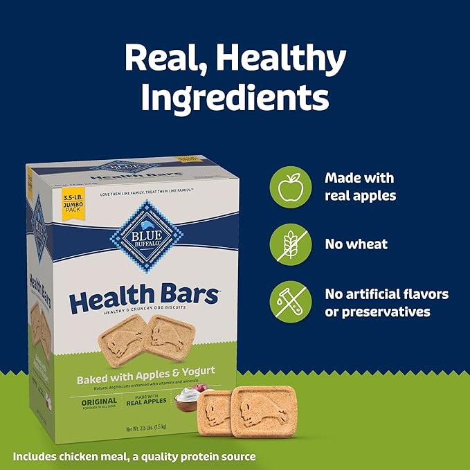 Blue Buffalo Health Bars Crunchy Dog Biscuits, Oven-Baked with Natural Ingredients, Apples & Yogurt, 3.5-lbs Box (Pack of 3)
