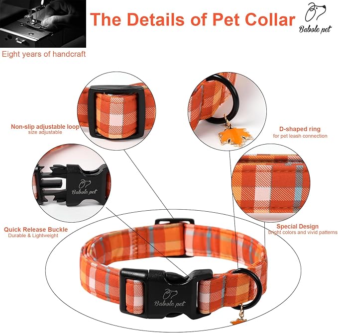 Fall Dog Collar Cute Orange Plaid Puppy Collar - Light Comfortable Adjustable Pet Collars for Small Medium Large Girl Boy Dogs S