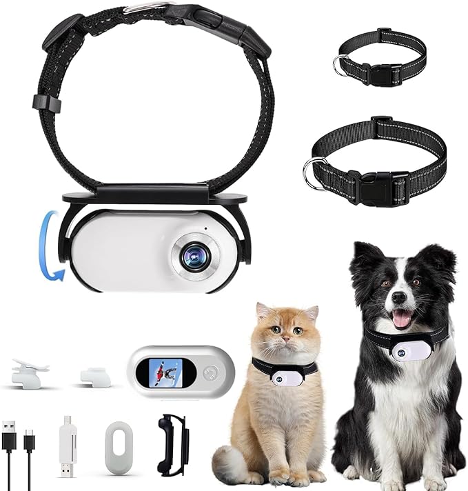 Upgraded 1080P Cat Camera Collar with Display, Thumb Camera with Video Records for Sports and Action, Pet Dog Tracker Wearable Cam Back Clip Motion Cam with Accessories Kit, 120° Wide Angle, White