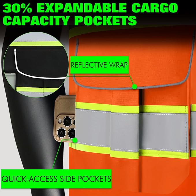 BeautyWill Custom Logo Safety Vest 8 Pockets Class2 ANSI Certified High Visibility Reflective Vest for Men - Personalized Logo Heavy-Duty Work Vest（Orange，XL）