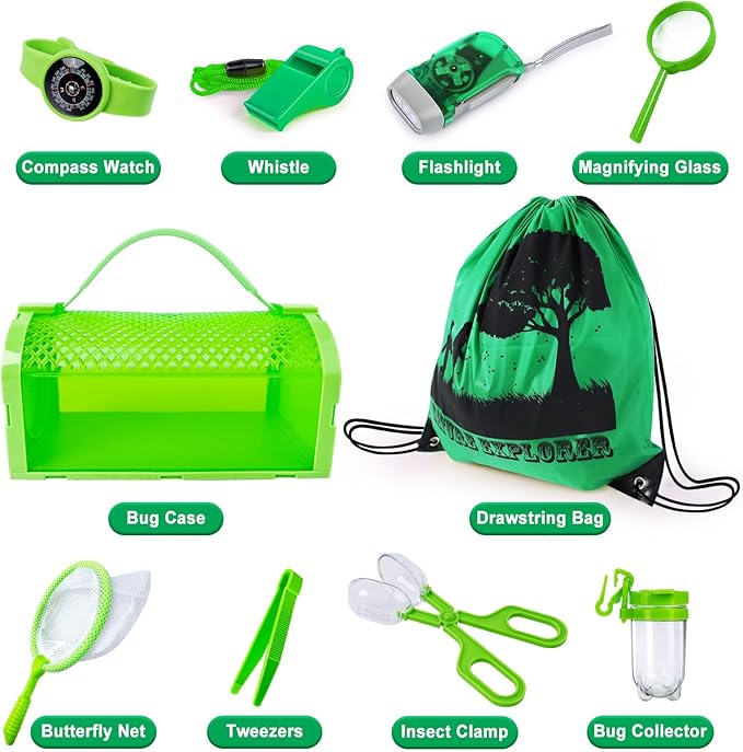 Bug Catcher Kit & Outdoor Explorer Kit for Kids, 10 Pcs Bug Catching Kit with Toy Cage, Backpack, Flashlight, Manifying Glass, Toy Net, Outdoor Exploration Toys Gift for Boys Girls 3-12
