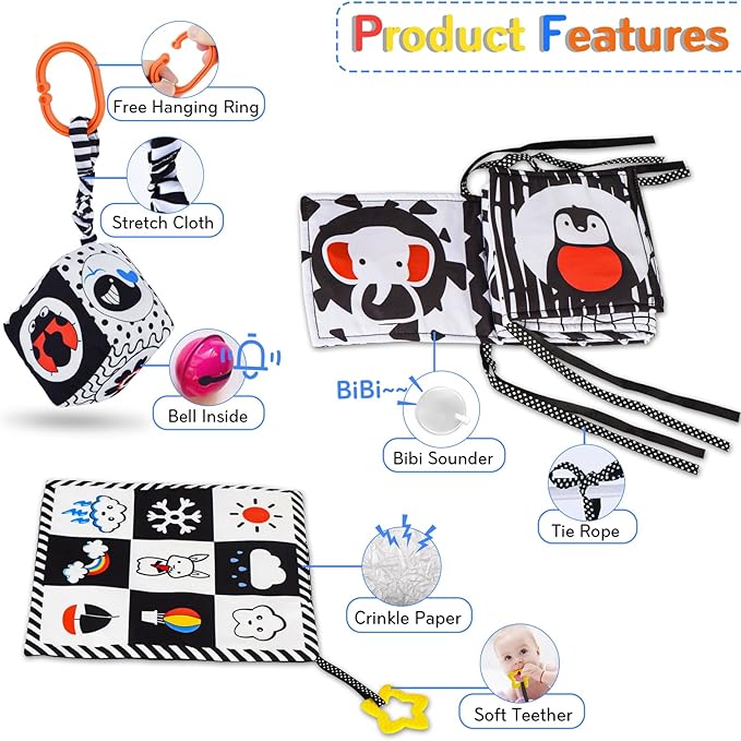 SAMMAS 3 Pcs Black and White High Contrast Baby Toys, 0-6 Months, Sensory Soft Book, Montessori Toys for Babies