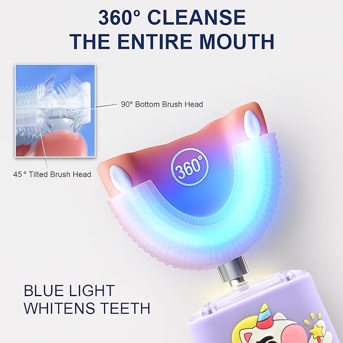 Kids Electric Toothbrush, U Shaped Toothbrush Kids Sonic Automatic Brush with Cup 5 Brush Head 6 Sonic Clean Modes IPX7 Waterproof Unicorn Design Rechargeable Smart Timer for Children 2-7
