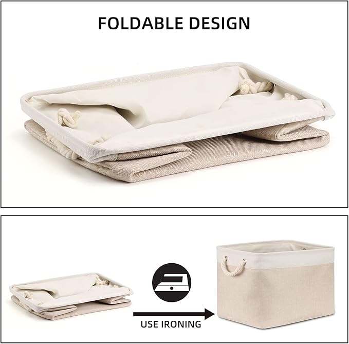 Bidtakay Beige Storage Basket Large Fabric Cloth Baskets [2-Pack] Tall Rectangular Shelf Baskets 16X11.8X11.8 in Canvas Collapsible Storage Bins with Handles for Organizing Living Room(White&Beige)