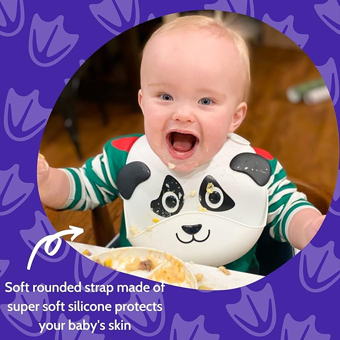 Silly Goose Set of 2 Silicone Animal Baby Bibs for Babies and Toddlers, Waterproof, Adjustable, Soft, Extra Wide Food Catcher Pocket (2PK Panda+Bear)