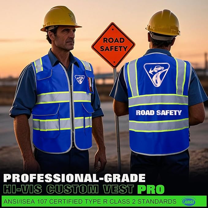 BeautyWill 5Pack Custom Logo Safety Vest 8 Pockets Class2 ANSI Certified High Visibility Reflective Vest for Men - Personalized Logo Heavy-Duty Work Vest（Blue，L）