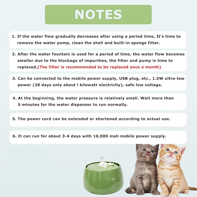 Ceramic Cat Water Fountain, 45oz/1.3L Ultra-Silent Automatic Pet Drinking Water Dispenser for Cats Indoor with Cute Design, Activated Carbon Filter, Perfect for Cats and Small Dogs (Green)