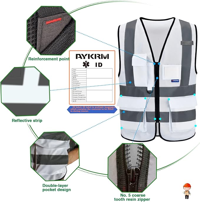 A-SAFETY Hi Reflective Safety Vest,Hi Vis Bright Neon Colors Safety Vest with 4 Reflective Strips 7 Pockets(White XXL)