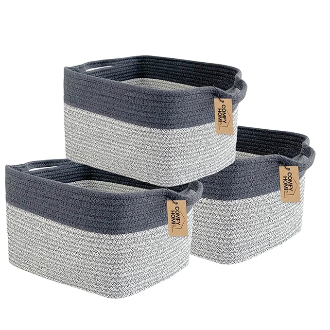 COMFY-HOMI 3Pack Cotton Rope Square Basket with Handles for Shelves|Dog Toy Storage Bin|Shoe Organizer - New 13.5" x 11" x 9.5" (Light Grey)