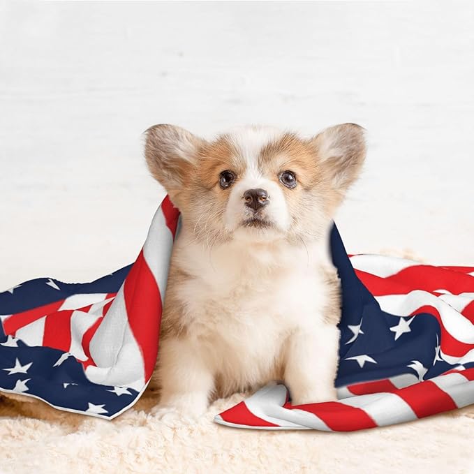 Two Sided Pet Cuddler Blanket for Anxiety Calming, American Flag Plaid Pattern, Reversible Plush Design with Bubble Dot Pattern Provides Familiar Surface Anywhere