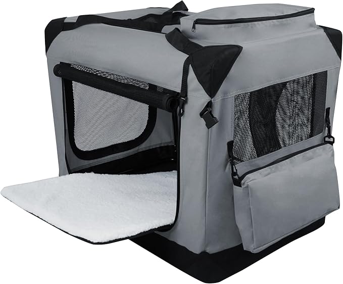 EliteField 3-Door Folding Soft Dog Crate with Carrying Bag and Fleece Bed (2 Year Warranty), Indoor & Outdoor Pet Home (30" L x 21" W x 24" H, Light Gray)