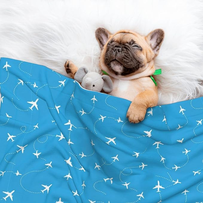 Pet Blanket for Travel and Home, Aircraft Airplane Pattern Navy Blue, Reversible Plush Dot Design with Soft Grip Texture on One Side Perfect for Car Seats Moving Vehicles