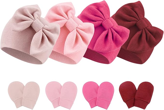 BQUBO Newborn Baby Hats Mittens Set Hospital Hat Beanie Infant Bow Hats Baby Gloves No Scratch Mittens for 0-6 Months