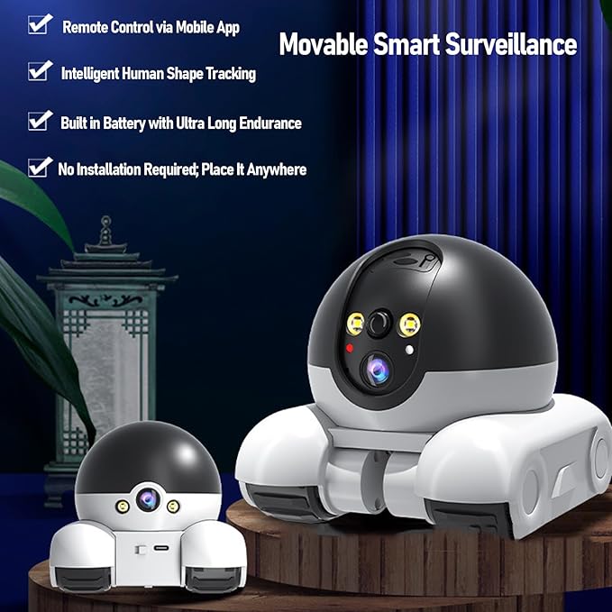 Pomya Robot Camera On Wheels, 2MP 1080P Dual Lens Rotatable, Movable Pet Camera with Phone APP, 2 Way Talk, Motion Detection, 5200mAh Battery, WiFi Indoor Security Camera for Dogs Cats