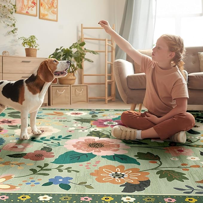 Floral 3x5 Area Rug Machine Washable Soft Print Boho Carpet Non Slip Doormat Low Pile Flower Area Rugs for Living Room Bedroom Nursery Kitchen Dining Room Indoor-Light Green