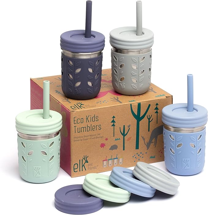 Elk and Friends 10oz Stainless Steel Kids + Toddler Drinking Cups | The Original Mason Jars with Lids + Sleeves + Straws | Smoothie Cups | Spill Resistant | Dishwasher Safe | 4 Pack