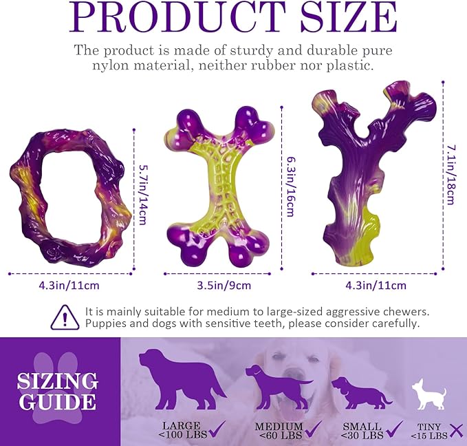 Tough Dog Toys for Aggressive Chewers 3 Pack, Indestructible Dog Toys for Large Dogs, Dog Chew Toys, Aggressive Chew Toys to Keep Them Busy, Dog Bones for 15-100lbs Puppy/Medium/Large Breeds
