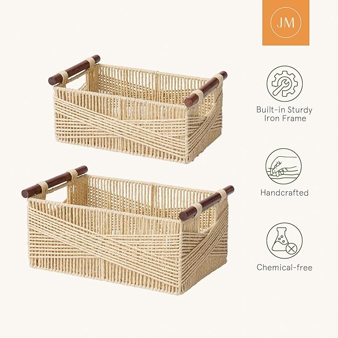LA JOLIE MUSE Wicker Storage Baskets for Organizing, Recyclable Paper Rope Basket with Wood Handles, Decorative Hand Woven Basket Organizers for Makeup Books Shelves Living Room, Beige, Set of 2