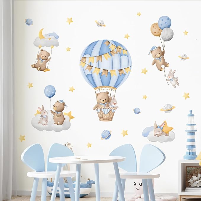 Tanlaby Blue Hot Air Balloon Wall Stickers Cartoon Bear Rabbit Stars Planets Wall Decals Peel and Stick Art Decor for Nursery Kids Bedroom Playroom Daycare Classroom