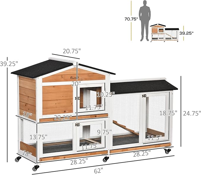 PawHut 62" Rabbit Hutch, Wooden Bunny Hutch, Guinea Pig Cage, Small Animal Enclosure with Wheels, Run Area, Removable Tray, Asphalt Roof, Lockable Doors and Ramp, for Rabbits, Chickens, Ducks, Nature