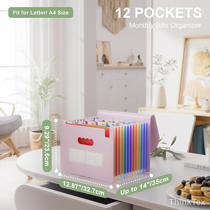 ThinkTex Accordion File Organizer, 12 - Pocket Expanding File Folders for Paper Receipts, Bills&Taxes Organizer, Letter/A4 Size Document Holder for School, Office, Home with tabs-Pinkish Purple