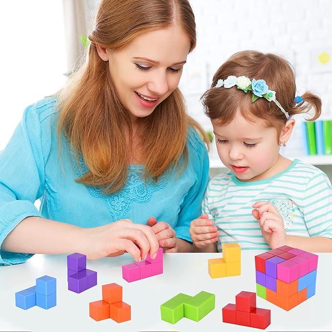 WorWoder Kids Magnetic Building Blocks Magic Magnetic 3D Puzzle Cubes, Set of 7 Multi Shapes Magnetic Blocks with 54 Guide Cards, Intelligence Developing and Stress Relief Fidget Toys for Kids(Pink)