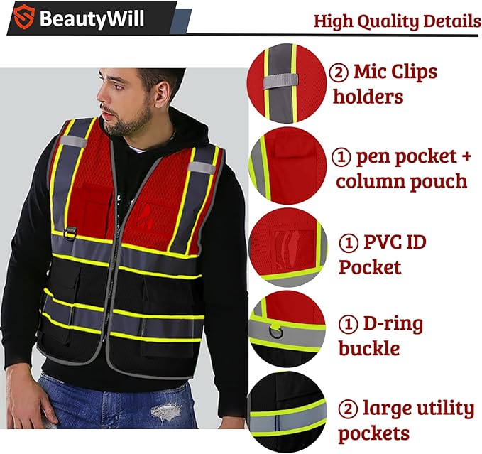 5 Pack Custom Mesh Safety Vest Customized Logo Class2 High Visibility Reflective Vest with Pockets Construction workwear（Red Black，3XL ）