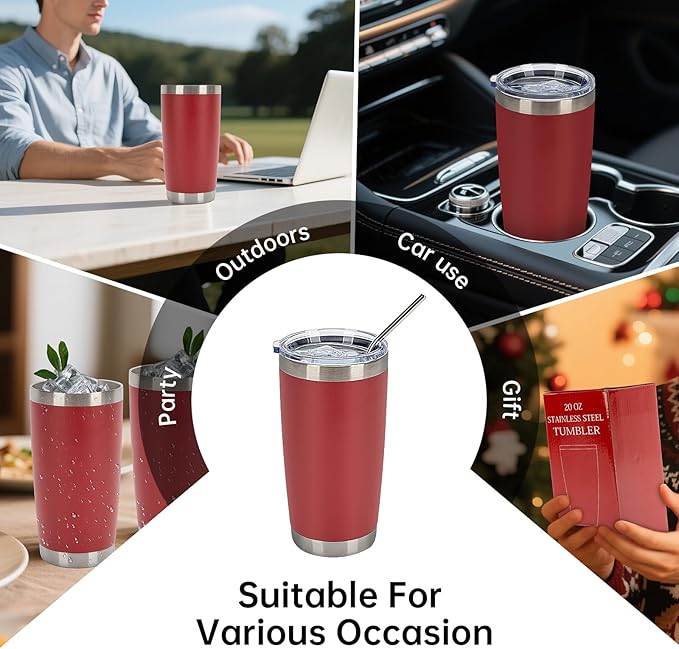 IEOVIEE 32 Pack 20oz Stainless Steel Bulk Tumblers with Lids and Straws Double Wall Insulated Travel Mug Durable Powder Coated Tumbler Bulk Cup for Cold and Hot Drinks(Red)