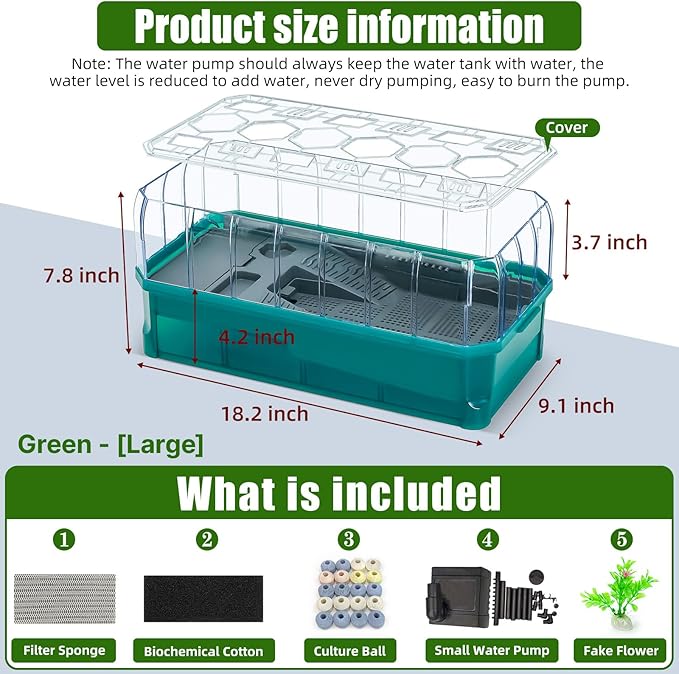 Turtle Habitat Spacious Turtle Tank Kit with Rain Shower Filter SPA & Easy Drain - Perfect for Baby Turtles, Red Eared Sliders Tortoises Green, 18.2×9.2×8 Inch