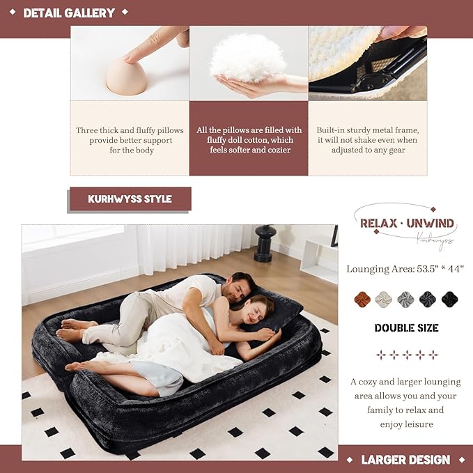 Extra Large Human Dog Bed for Adult & Pets, Convertible Floor Sofa Bed with 5 Adjustable Position, Lazy Couch Giant Bean Bag Lounge Chair Comfy Tatami with 3 Pillows for Bedroom Living Room (Black)